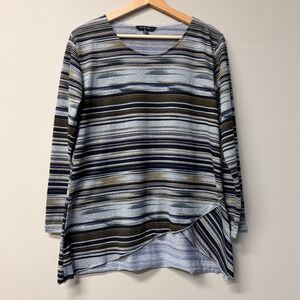 Yak & Yeti Womens Medium Stripe Asymmetrical Hem Tunic Top Grey Brown Lagenlook